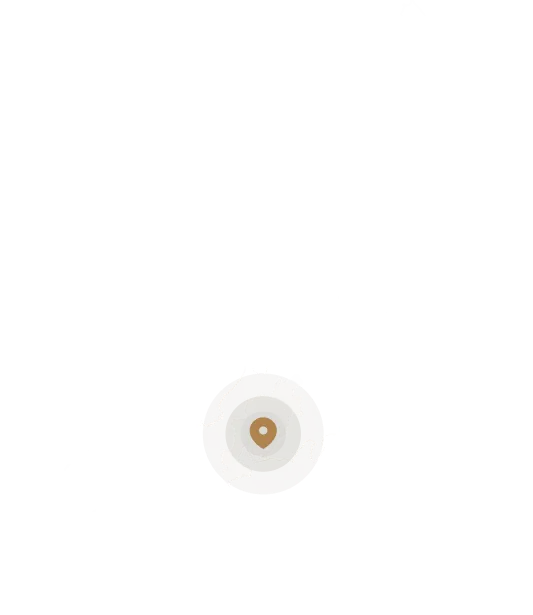 黒い背景に白い線で描かれた日本地図の中央付近に、薄い灰色の円と茶色のピンが配置されています。