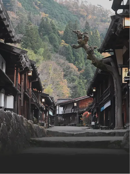 木造の古民家が並ぶ石畳の坂道の奥に、色づいた木々が茂る里山の風景が広がっています。